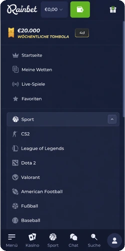 Rainbet Seitenmenü 